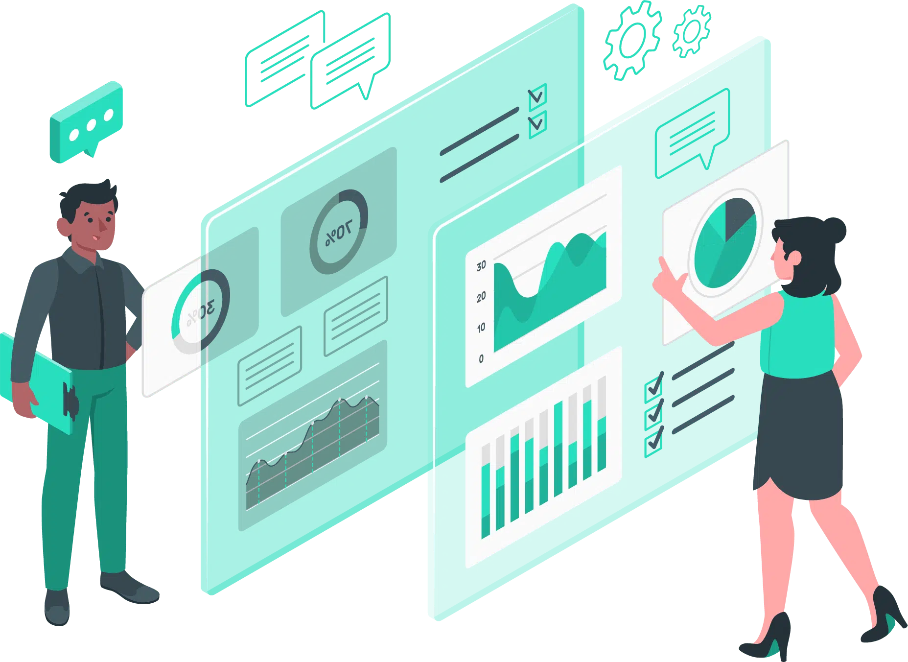 Professionals workers from Data analytics companies working together on a presentation, incorporating graphs and charts for data analytics services and data analytics consulting in AI data analytics.