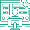 A blue and white logo representing an automotive software development company, set against a verdant green backdrop.